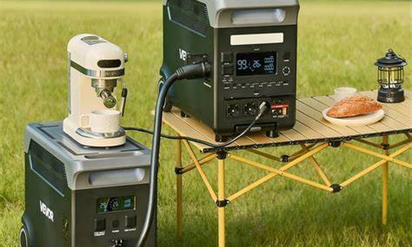 Portable power station powering appliances outdoors